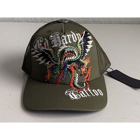 Ed Hardy Trucker Hat Embroidered Rhinestone Dragon Tattoo Snapback Cap Green NEW - Picture 1 of 14